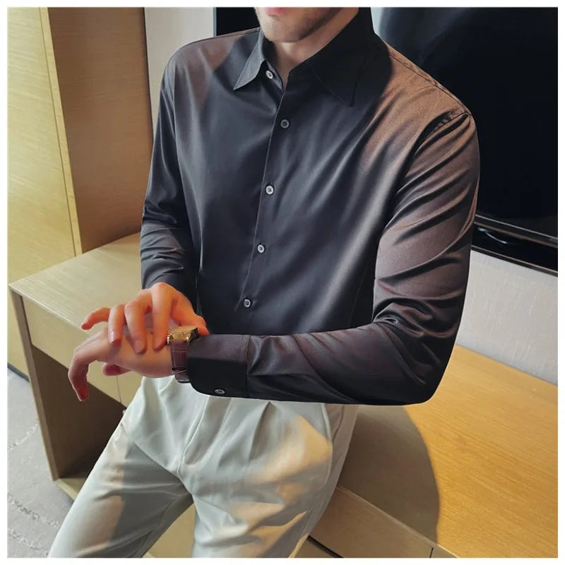 Men's Bamboo Fiber Hidden Placket Shirt Breathable Long Sleeve Button-Down for Business & Casual Wear