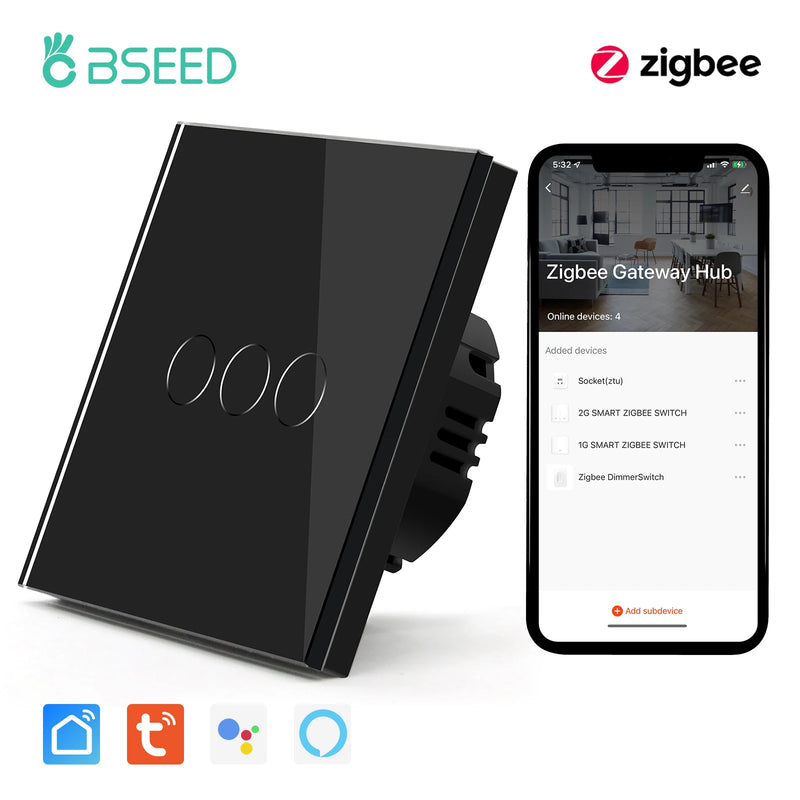 BSEED Zigbee Touch Switch 1/2/3Gang 1/2/3Way Smart Touch Light Switch Support Tuya Smart Life Alexa Control With No Neutral Line