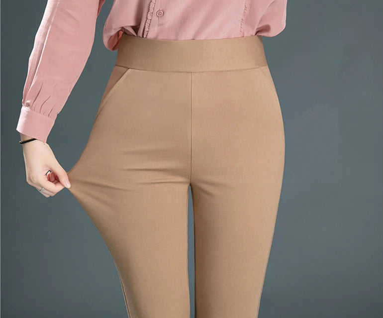 Women's Black Elastic Waist Pants, Fashion Slim Flare Pant, Khaki Camel Trousers, Navy Blue Pantalones Female, Asian Size S-10XL