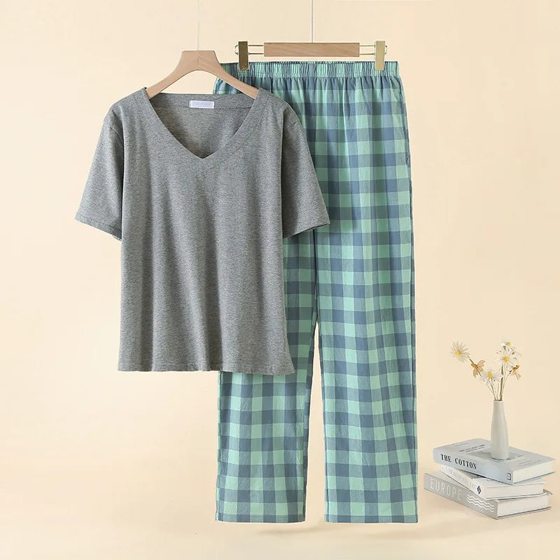 Summer Pajamas for Women V-neck Top and Trousers 2-piece Short Sleeve Homewear Set Women's Sleepwear Home Clothing Loungewear