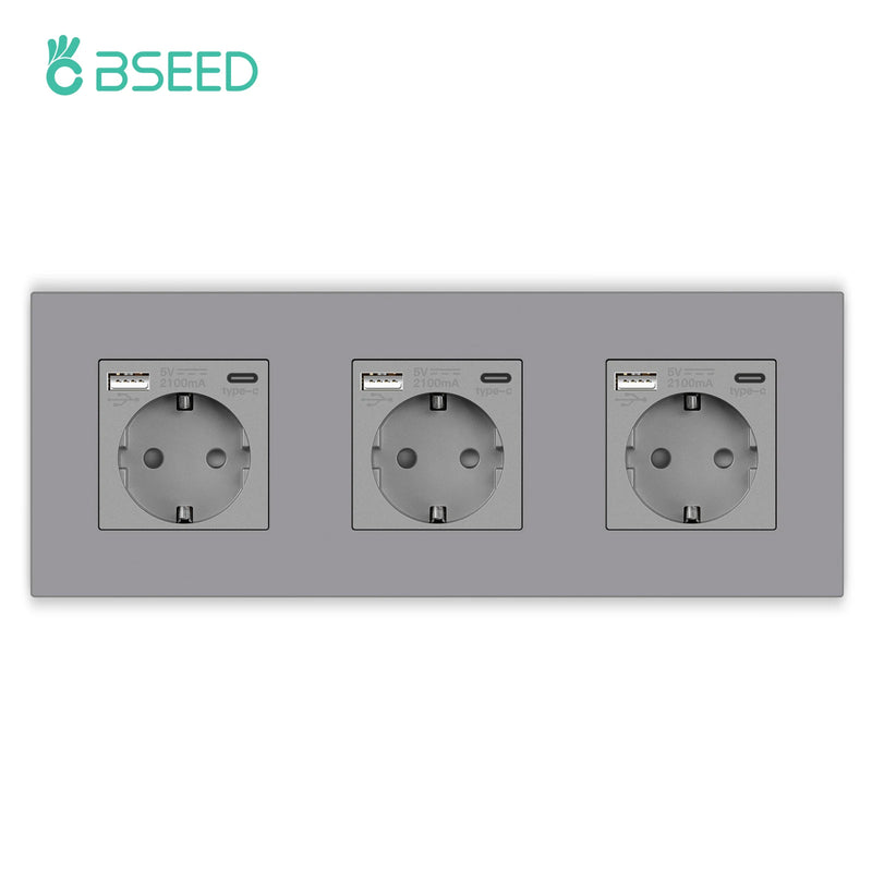 BSEED Button Switch 1/2/3Gang 1Way Wall Sockets With USB Type-C Phone Charger Mounted Double Socket Plastic Panel Triple Outlets