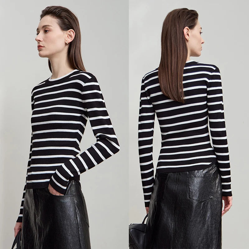 AMII Minimalism Women's Sweater 2026 Autumn New Office O-Neck Pullovers Knitt Sweaters Long Sleeves Women's Strip Tops 12523134