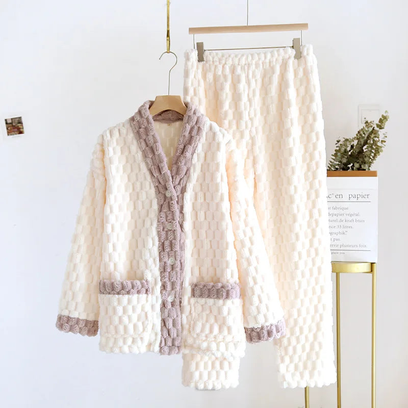 Thick Warm Flannel Sleepwear Set For Women Winter Cardigan Pant Suit Casual Home Wear Clothes Loose Outside Female Pajamas
