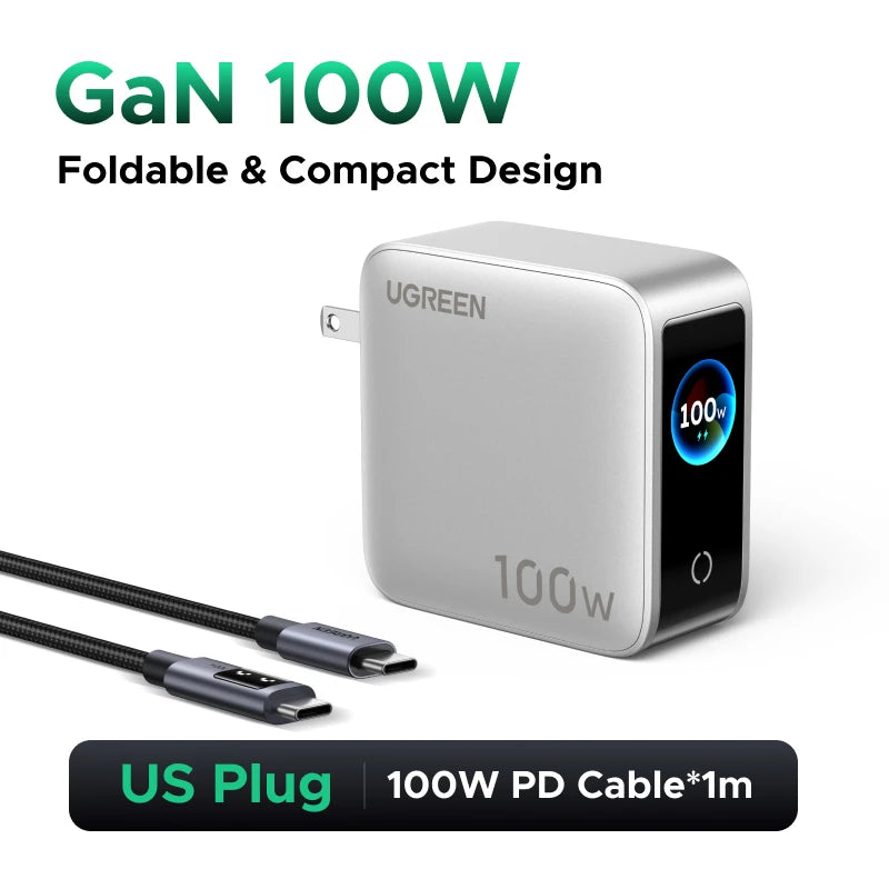 UGREEN 100W GaN Charger With Smart Display EU/UK/US Foldable Plug QC4.0 AVS For Macbook Pro Laptop iPhone 18 17 Pro iPad Samsung