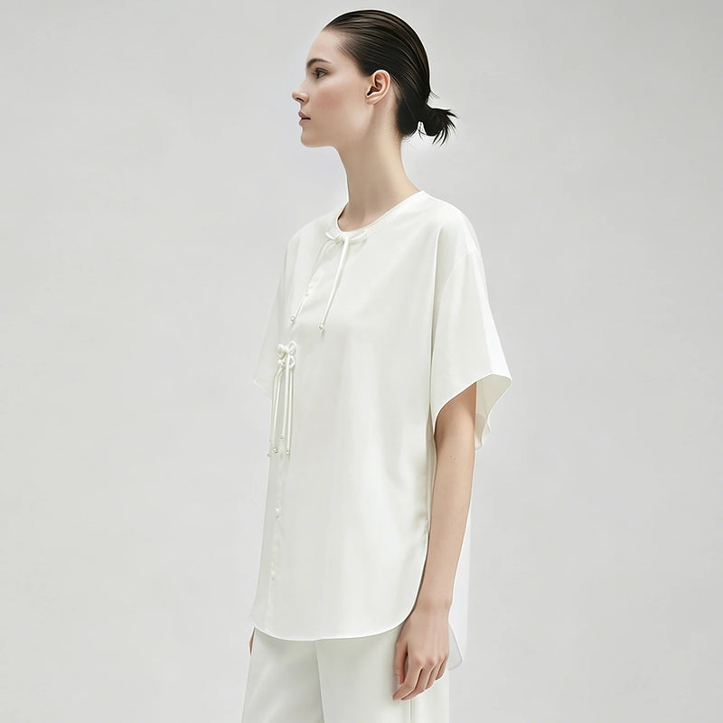 Amii Women's Shirt 2026 Summer New Chinese Style Cotton Blouse Oversized Frog Button Short Sleeve Women's White Shirt 12642122