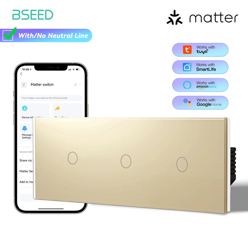 BSEED 1/2/3Gang Matter WIFI Touch Switch Smart Light Switch Work With Apple Home Tuya APP Google Assistant Alexa Voice Control