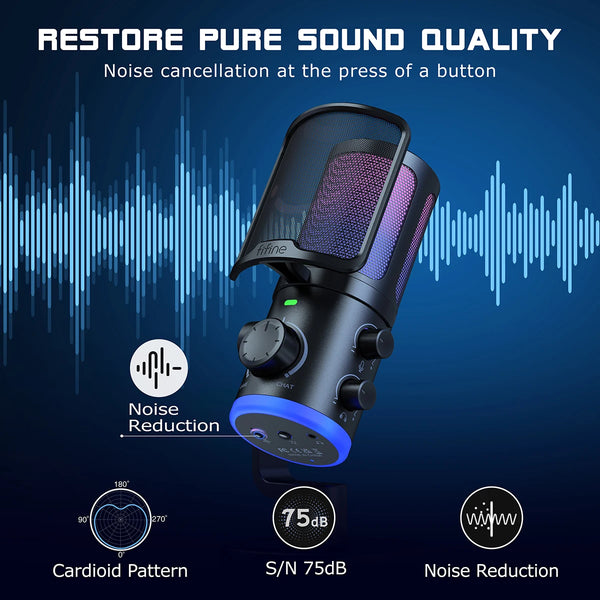 មីក្រូហ្វូនលេងហ្គេម USB FIFINE ជាមួយនឹងមុខងារកាត់បន្ថយសំឡេងរំខាន/RGB/ប៊ូតុងបង្កើនសំឡេង និងតុល្យភាព, មីក្រូហ្វូនខនឌឺរសម្រាប់ស្ទ្រីមផតខាស - Ampligame AM6