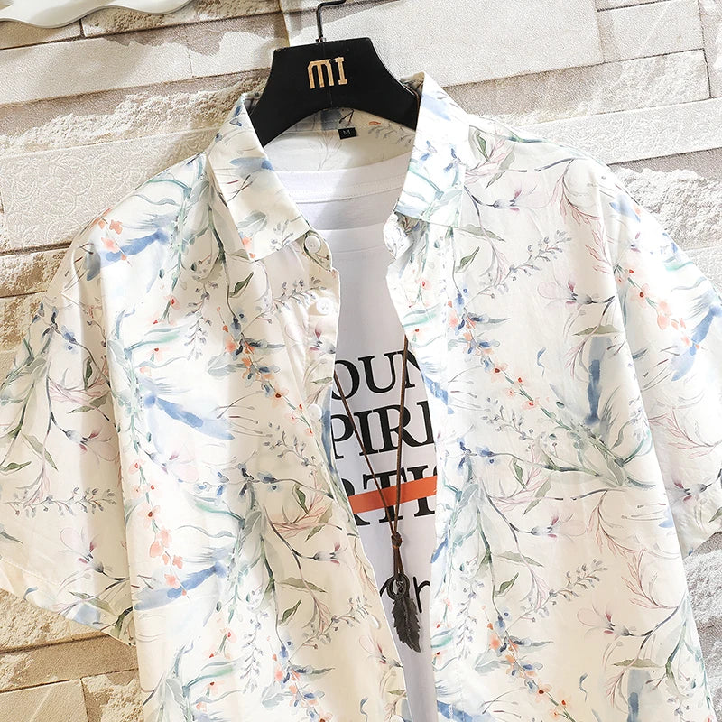 Summer Men's Short-sleeve White Printed Shirt, a Stylish and Casual Cotton Shirts, Available in Blue, Green, and Orange.