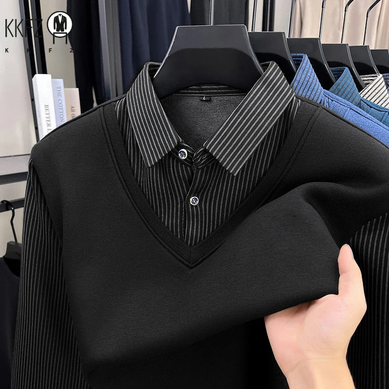 Thermal Warm Knit Sweater For Men Collared Fake Vest Elastic Cuff Full Fleece Lined Vertical Stripe Autumn Office Clothing