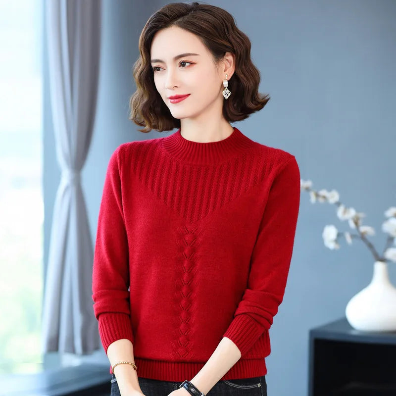 Knitting Bottoms Shirt Warm Spring Autumn Sweater New Women Half-Turtleneck Twisted Flowers Pullover Sweaters Winter Pull Femme