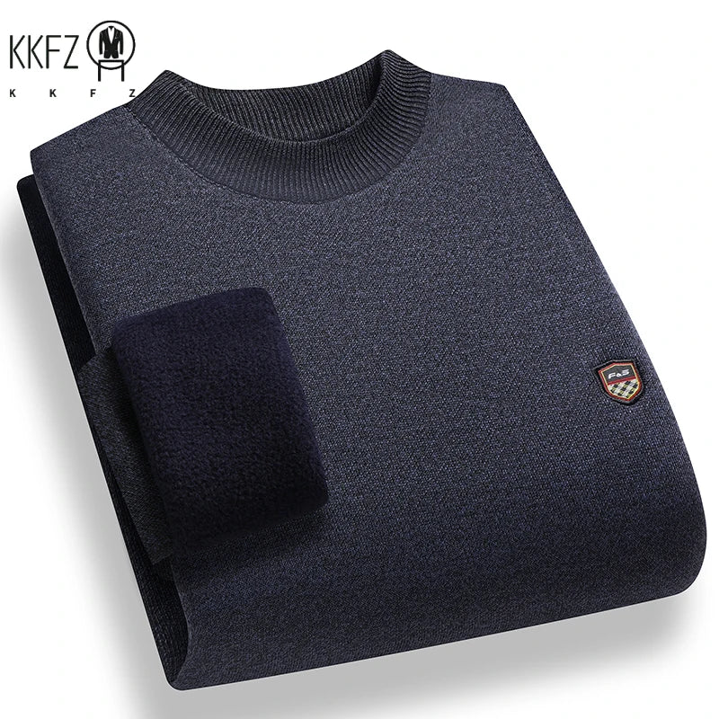 Windproof Men Plain Knitted Sweater Stretch Rib Trim Small Shield Badge Fleece Lined Office Casual Long Sleeve Top