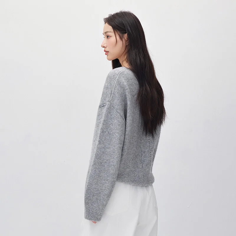 Semir Women Knit Sweater V Neck Drop Shoulder Balloon Sleeve Wool Blend Versatile Relaxed Fit 2026 New Winter Daily Wear