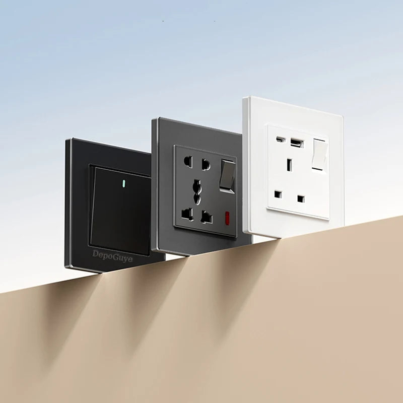 White Universal UK 13A Socket with USB Type-C 18W Fast Charging Wall Socket,Tempered Glass Button Light Switch,Dual 3pin Socket