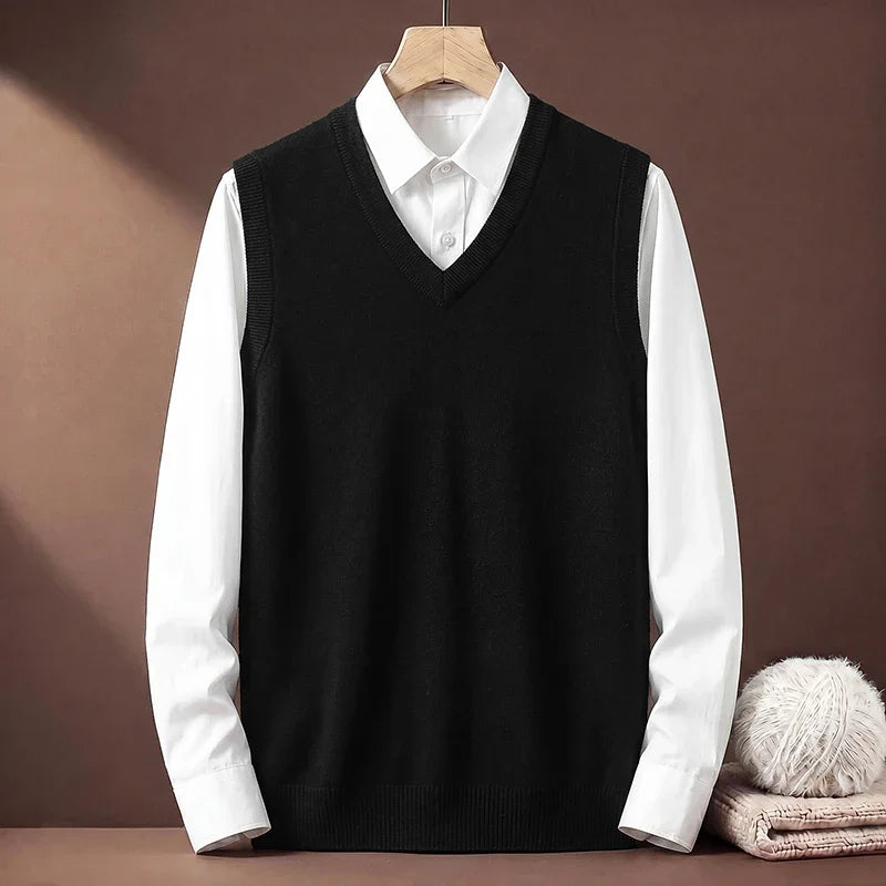 V Neck Sleeveless Plain Knit Vest For Men Soft Handfeel Knitwear Business Formal Sweater Tank Top Autumn Layering Clothes