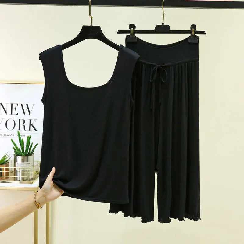 Plus Size Modal Sleepwear Home Clothes Double U-neck Vest Loose Cropped Pants Set Drawstring Lace-up Women's Pajamas M-6XL