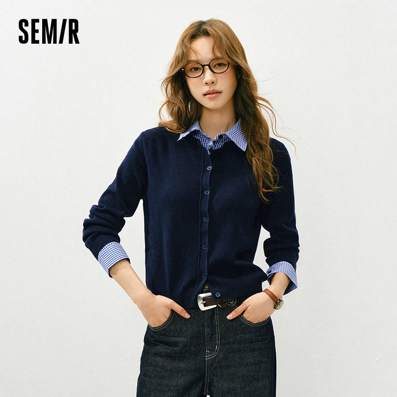 Semir Knit Cardigan Short Spring Detachable Plaid Collar Panel Versatile Office Layering Top Women 2025
