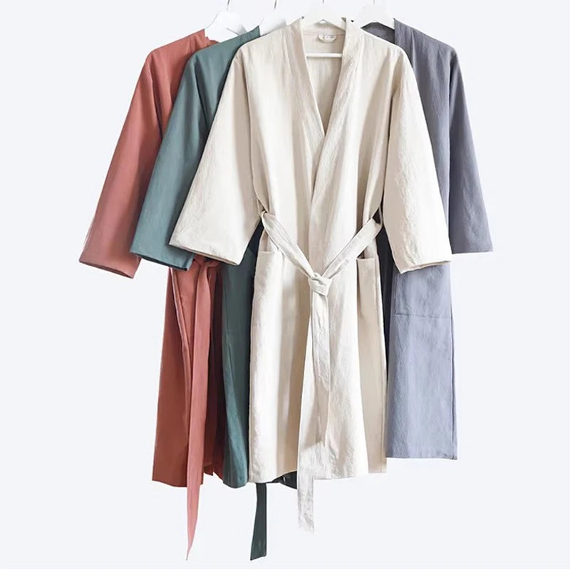 Cotton Linen Kimono Bathrobe Nightgown 2026 New Loose Men And Women Dressing Gown Sleepwear Nightwear Solid Hotel Robe