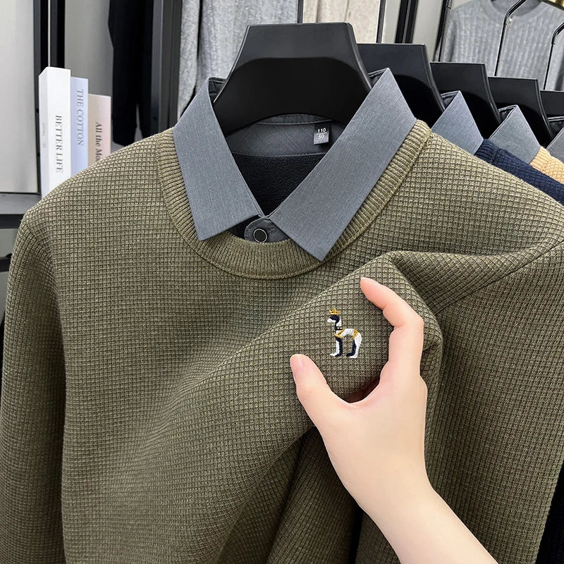Luxury Men Long Sleeved Fake Two-Piece Knitted Sweater Fleece-Lined Thickened Embroidery Contains Wool Winter Keep Warm Sweater
