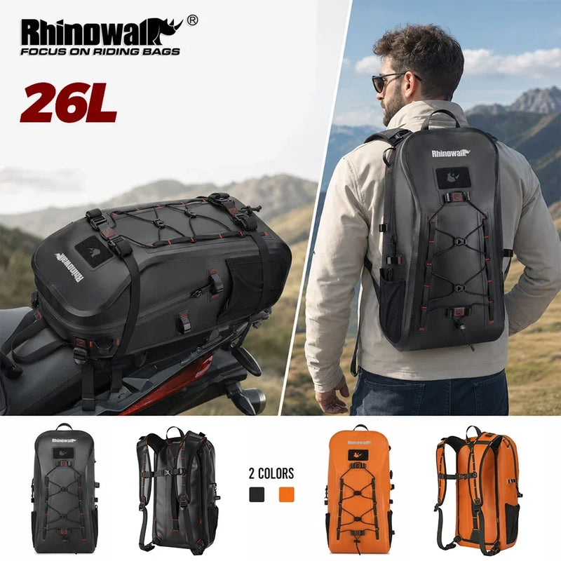 កាបូបស្ពាយក្រោយម៉ូតូ Rhinowalk 26L ការពារទឹកជ្រាប មានហោប៉ៅកុំព្យូទ័រយួរដៃ ប្រព័ន្ធវ៉ាល់ខ្យល់សម្រាប់ដាក់មួកសុវត្ថិភាព សម្រាប់ម៉ូតូ Ridling H
