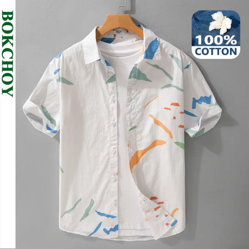 Summer New 100% Cotton Fashion Printed Short Sleeve Shirt for Men Turn-down Collar Shirt FY564