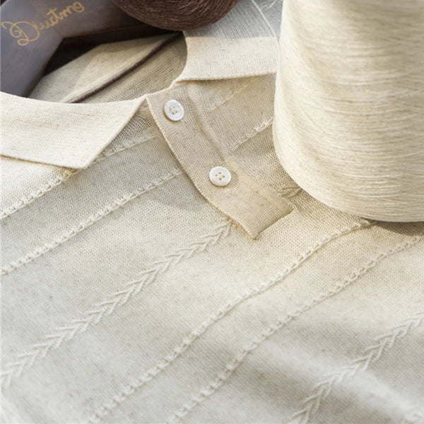 Men's Two-Tone Linen Blend Knit Polo Shirt – Summer Breathable Textured Short Sleeve with Collar for Casual & Smart Wear