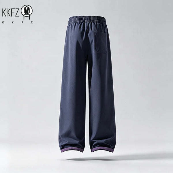 Relaxed Fit Mens Straight Pants Elastic Waistband Contrast Drawstring Detail Smooth Fabric Casual Bottoms For Short Travel