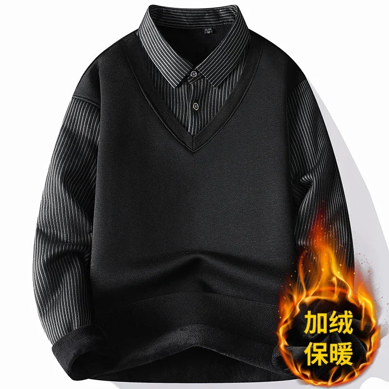 Elastic Knitted Pullover Men Collared Fake Two Piece Full Inner Fleece Thermal Vertical Stripe Long Sleeve Basic Everyday Wear
