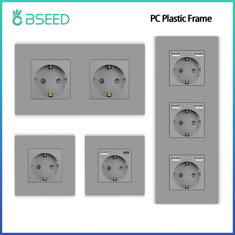 BSEED EU Wall Sockets Single Power Outlets Gray Double Frame Sockets Plastic Panel Triple Power Plugs Kids Protection 16A