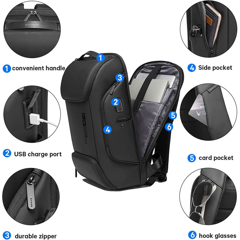 BANGE Business USB Charging Smart Backpacks Fits 15.6 Inch Laptop Commute Backpack WaterProof Carry On Bag for Men Travel Bags