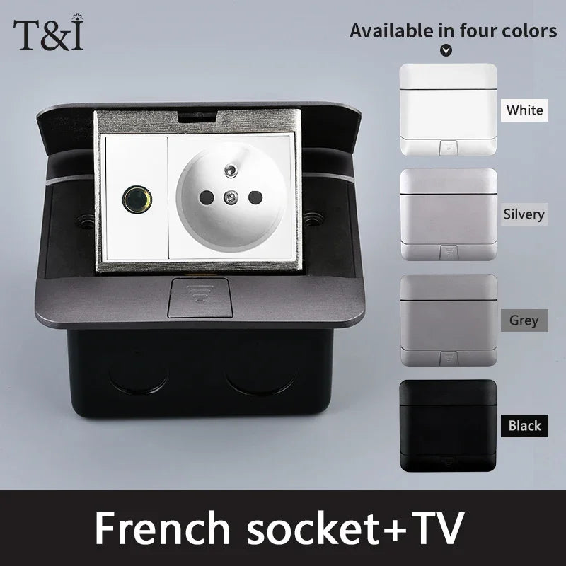 Metal Panel EU Standard Hidden Type Table Socket 2/3 Way Outlet USB/EUR/Universal/FR Office Cabinet Desktop Aluminum 120x120mm
