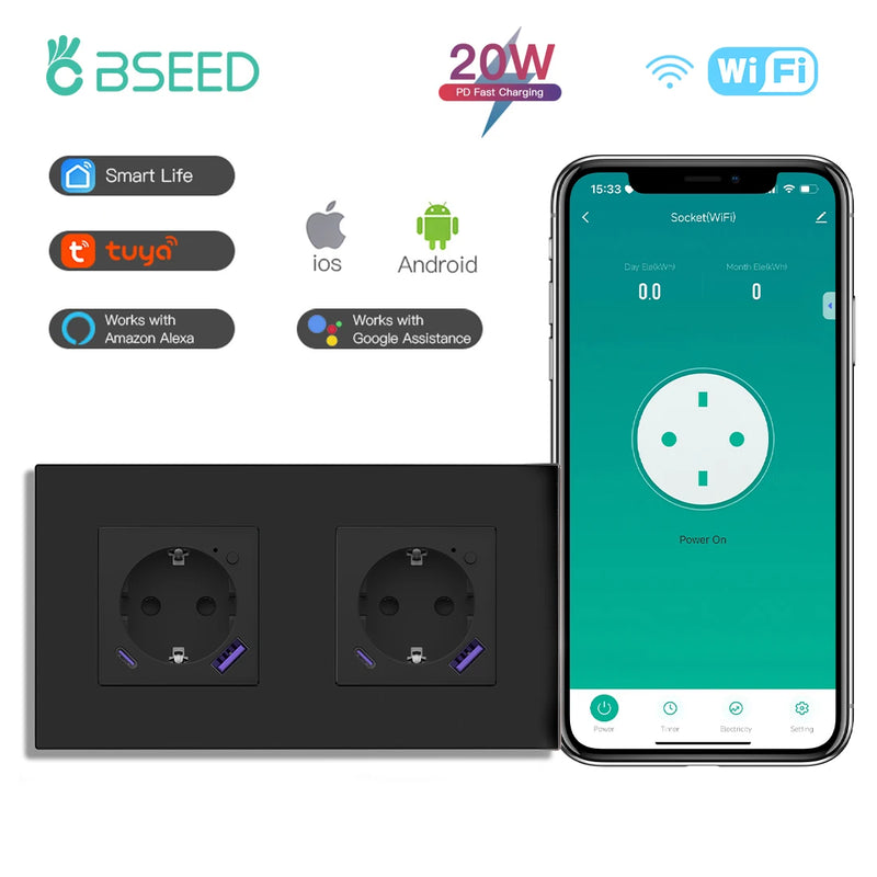 BSEED WIFI Smart Socket With 20W Fast Charge Port Plastic Frame Smart Wall Socket USB Type-C Port Tuya Smart Life Control