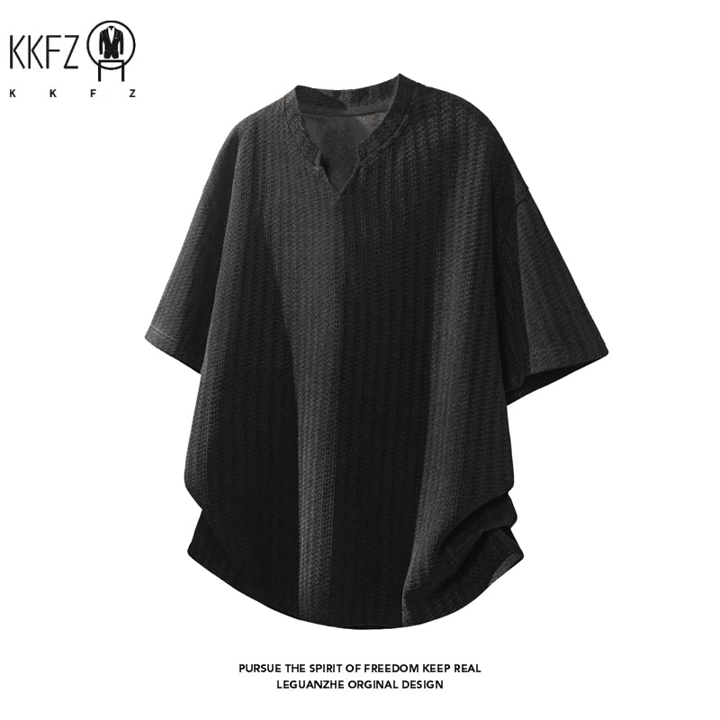 Mens Striped Textured Knit Short Sleeve Top Notched Collar Oversized Cutting Suitable For Vacation Dating And Casual Scenes