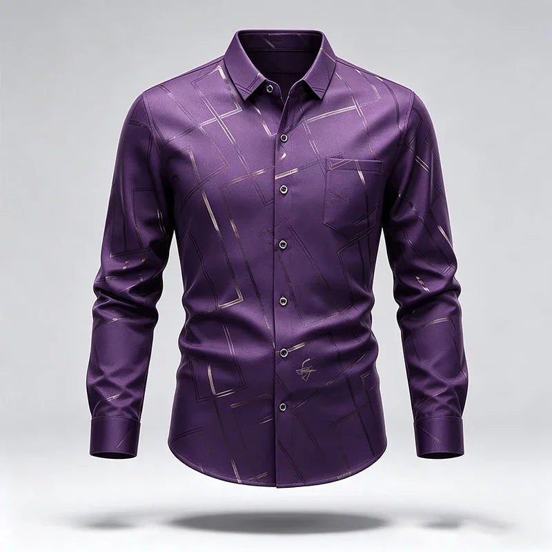 Mens Slim Long Sleeve Dress Shirt Soft Silky Fabric Classic Turn Collar Button Placket Daily Working Casual Outfit