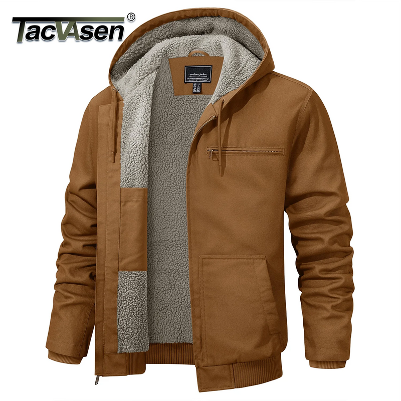 TACVASEN Men's Hooded Work Sherpa Insulated Jacket Winter Fleece Lined Duck Heavy Duty Canva Cotton Coat with Hoodie Waterproof