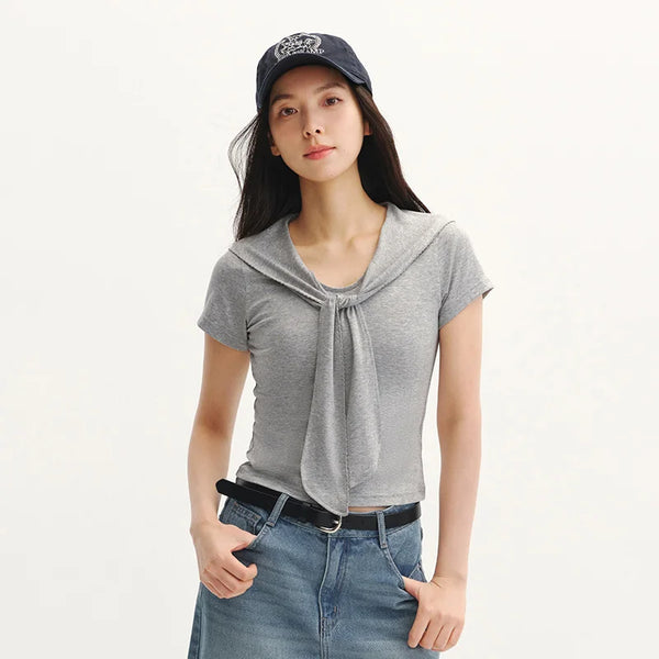 អាវយឺត Semir សម្រាប់នារី ប្រវែងខ្លី ក្រមារពីរដុំ រចនាបថដូចចរ ស្លីមហ្វីត ម៉ូដរដូវក្តៅ ឆ្នាំ២០២៦