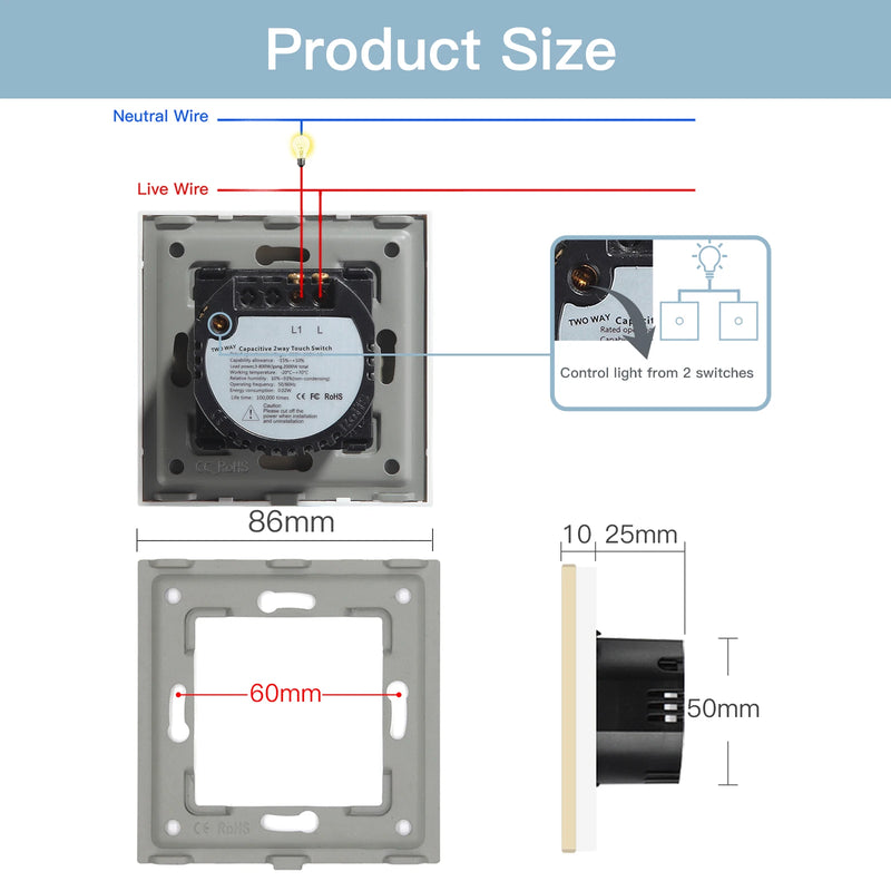 Bseed Touch Light Switch 1/2/3Gang 2Way Wall Socket Type-C USB Port Light Switches For Stairs Glass Panel Blue Backlight 240V