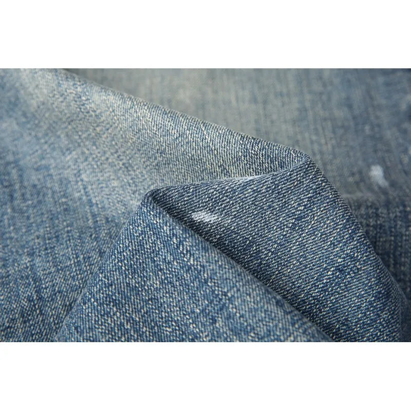 Men's Trendy Curved Hem Jeans – Unique Arc Shape Denim Pants with Splatter Paint Detail, Casual Loose Fit Streetwear (Blue)