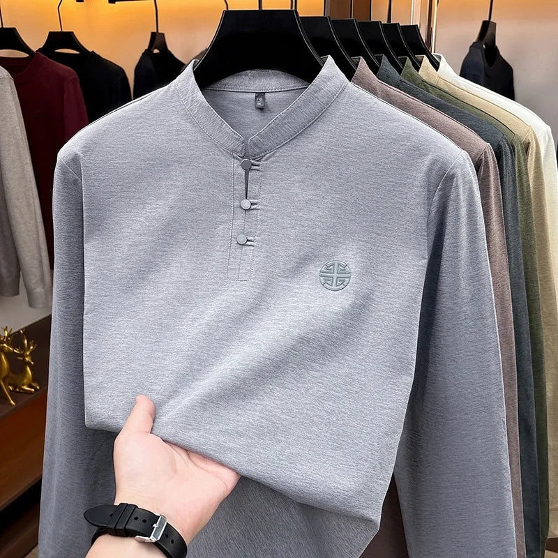 Men Long Sleeve Button Placket Tee Stand Collar Chest Embossed Detail Loose Fit Daily Office Leisure Wear Top