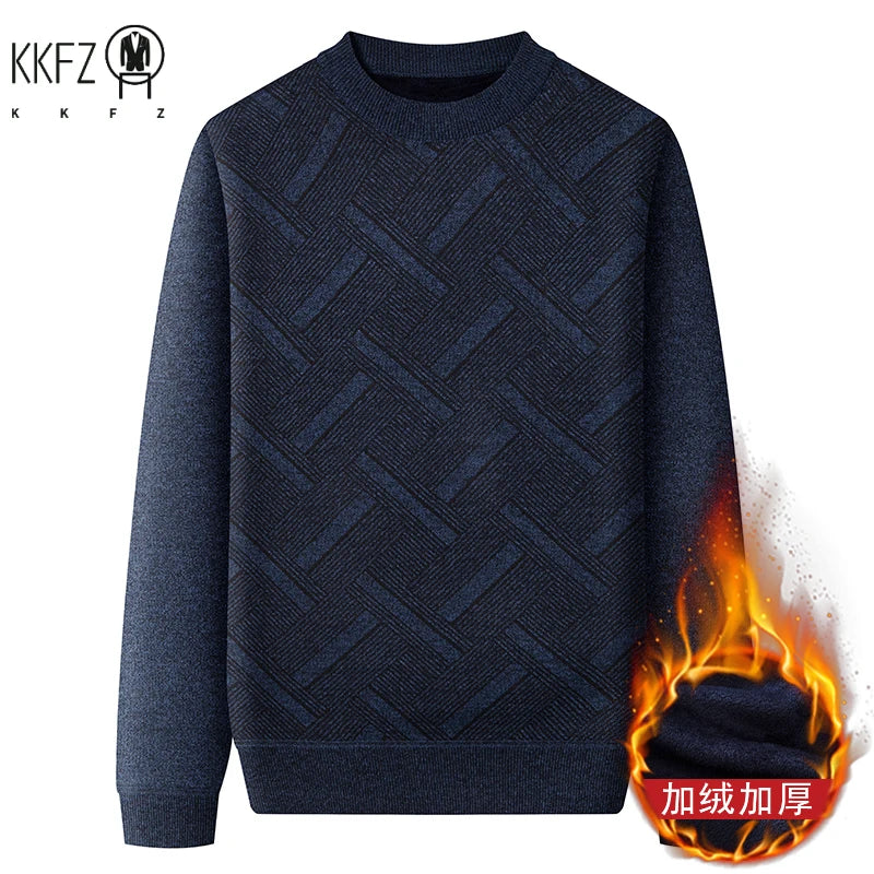 Street Style Male Knit Sweater Geometric Interlaced Stripe Pattern Comfortable Crew Neck Daily Outing Long Sleeve Top