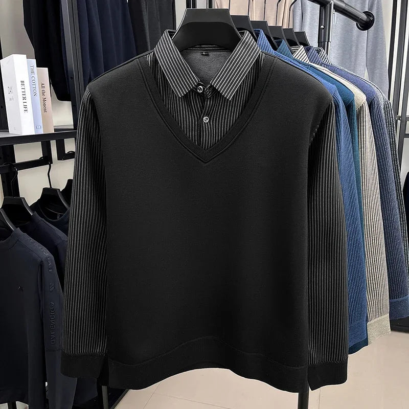Thermal Warm Knit Sweater For Men Collared Fake Vest Elastic Cuff Full Fleece Lined Vertical Stripe Autumn Office Clothing