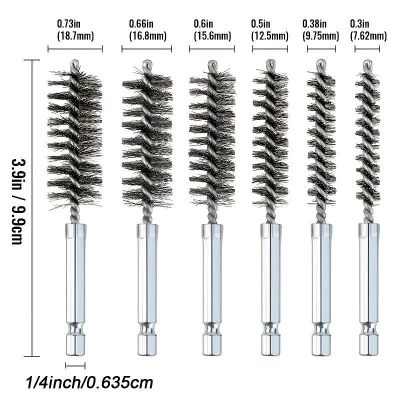 6pcs/set Stainless Steel Wire Tube Brushes,1/4" Hex Shank Multi Sizes Rust Remover Deburr Polishing Brush,Motorcycle cleaning