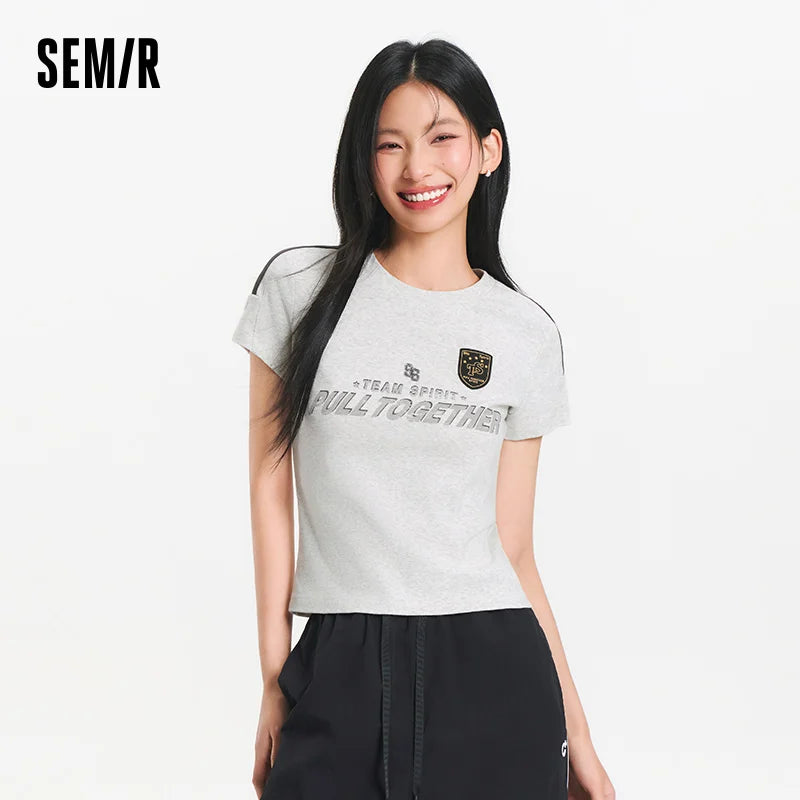 Semir Womens Tshirt 2026 Short Style Slim Printed Regular Shoulder Retro American Sports Style Casual