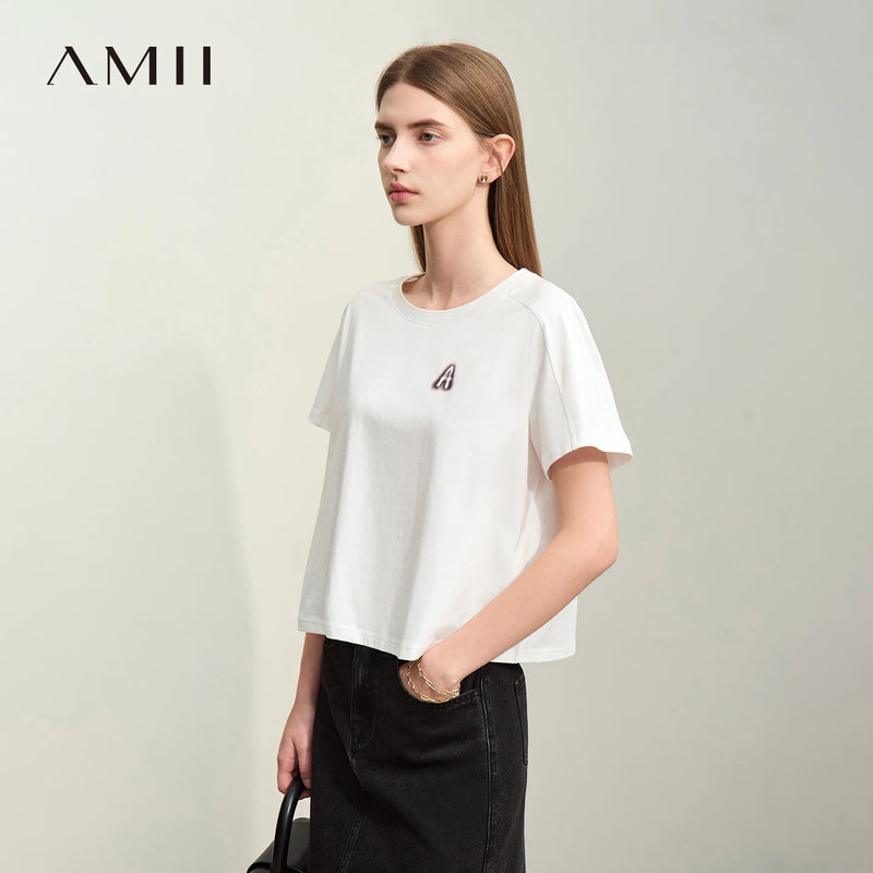 អាវយឺត Amii សម្រាប់នារី រដូវក្តៅ ឆ្នាំ២០២៦ ថ្មី កអាវវែង អក្សរកប្បាស អាវយឺតដៃខ្លី ធម្មតា រលុង 12642002