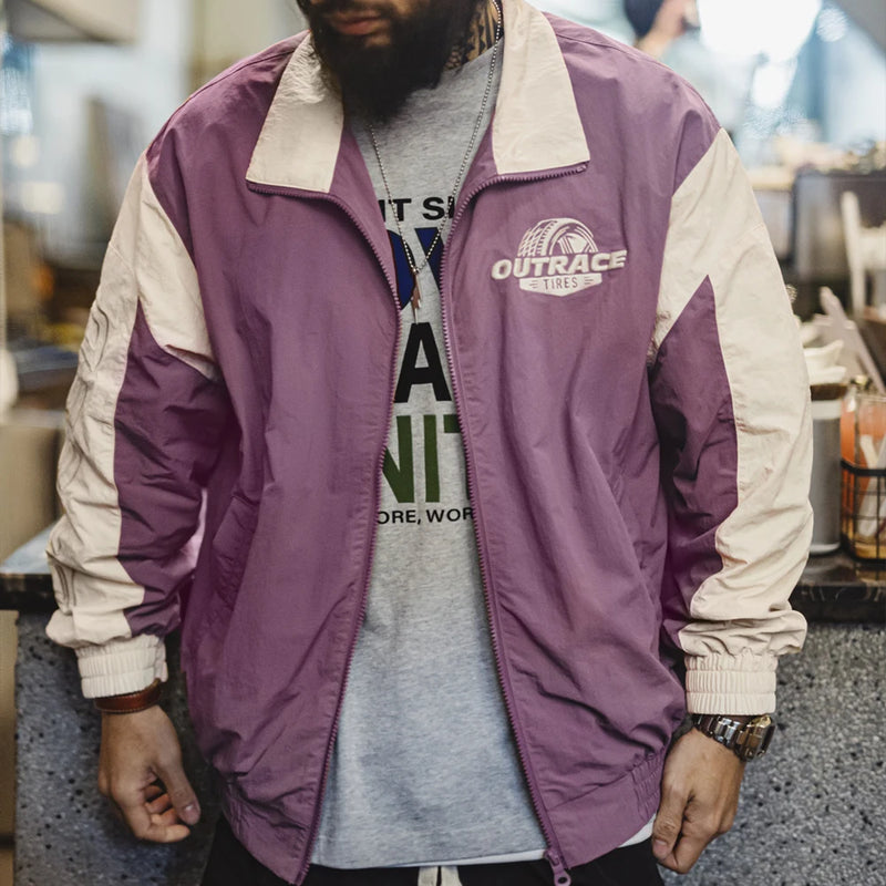 អាវក្រៅ Maden Vintage Splice Racing Jacket បុរសសម្រាប់រដូវផ្ការីក ប៉ាក់ខាងក្រៅ រចនាបថម៉ូតូ អាវក្រៅ Zip-Up Lapel ធម្មតា ពណ៌ខៀវ