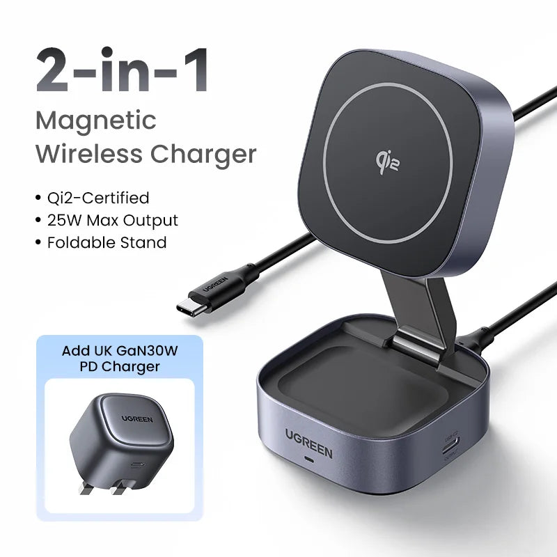 UGREEN Qi2 15W Magnetic Wireless Charger Stand 2-in-1 Charging Stand For iPhone 16 17 Pro Max/AirPods For MagSafe Fast Charger