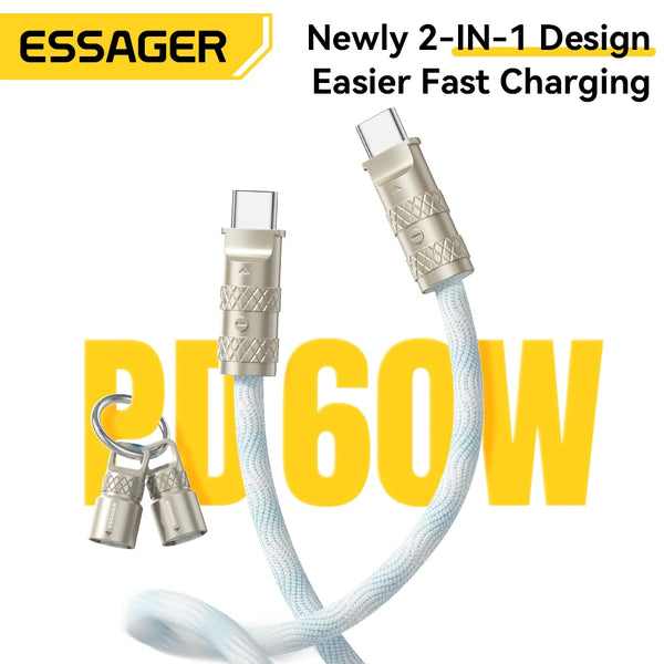 ខ្សែសាកទិន្នន័យ Essager 2 in 1 60W USB-C ទៅ Type-C Lanyard Data Cable 3A PD សាកលឿនសម្រាប់ iPhone 16 15 Samsung Huawei Laptop ខ្សែសាកប្រឆាំងការបាត់