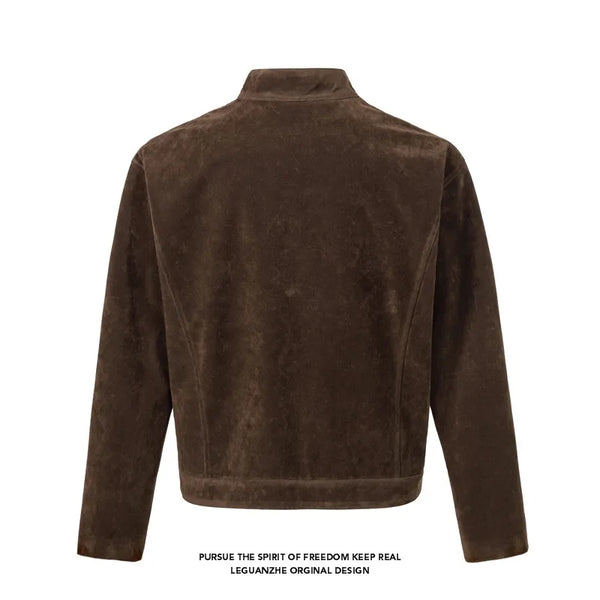 Men's Retro Suede Jacket Vintage Stand Up Collar Zip Up Biker Jacket |Y2K High Street Loose Fit Short Coat Casual Daily Wear