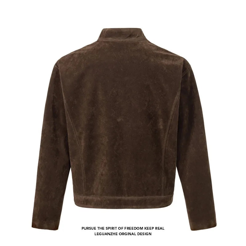 Men's Retro Suede Jacket Vintage Stand Up Collar Zip Up Biker Jacket |Y2K High Street Loose Fit Short Coat Casual Daily Wear