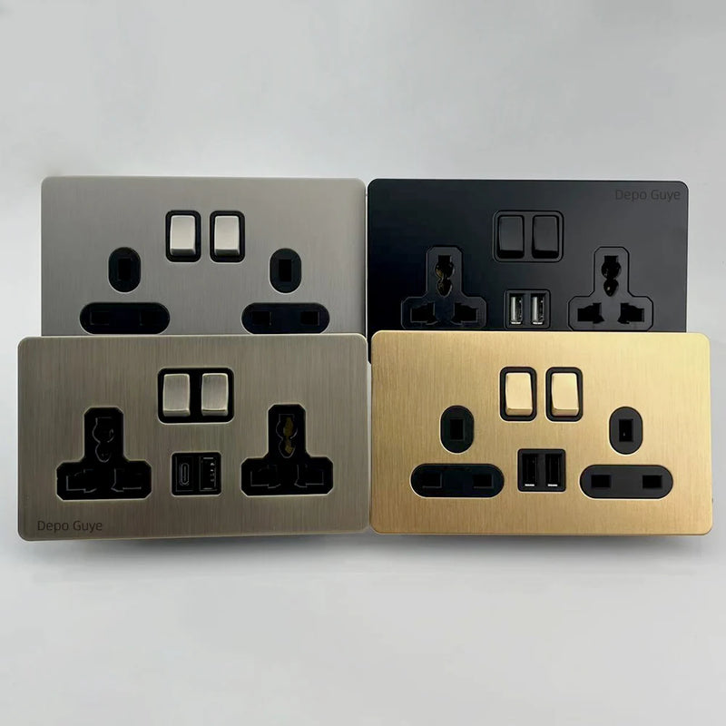 146 Type Retro Metal Panel UK 13A Wall Socket,Bronzed Stainless Steel Power Universal 3-pin Dual Power Socket With USB C charge