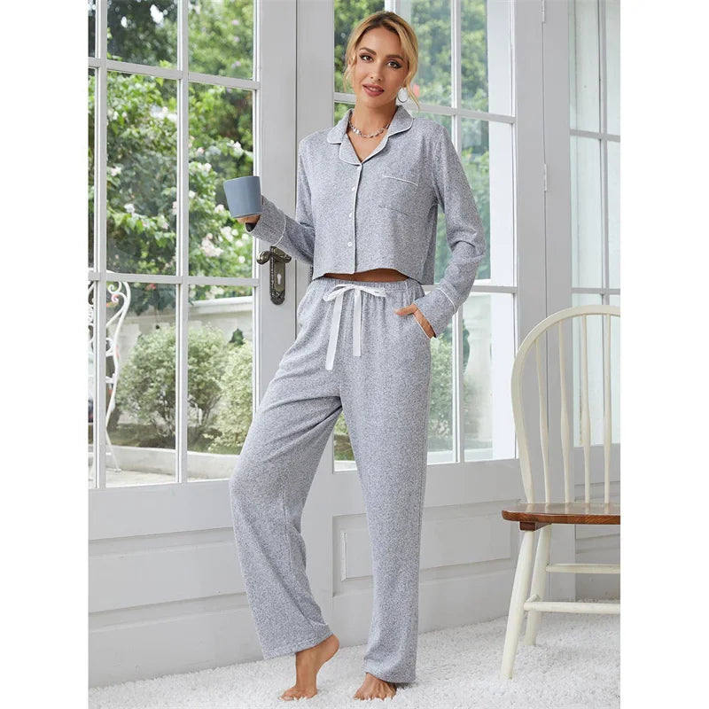 European Women's Sleepwear Suit Autumn Winter Long Sleeved Cardigan Pants Two-piece Set Home Pajamas Female Sleeping Clothes